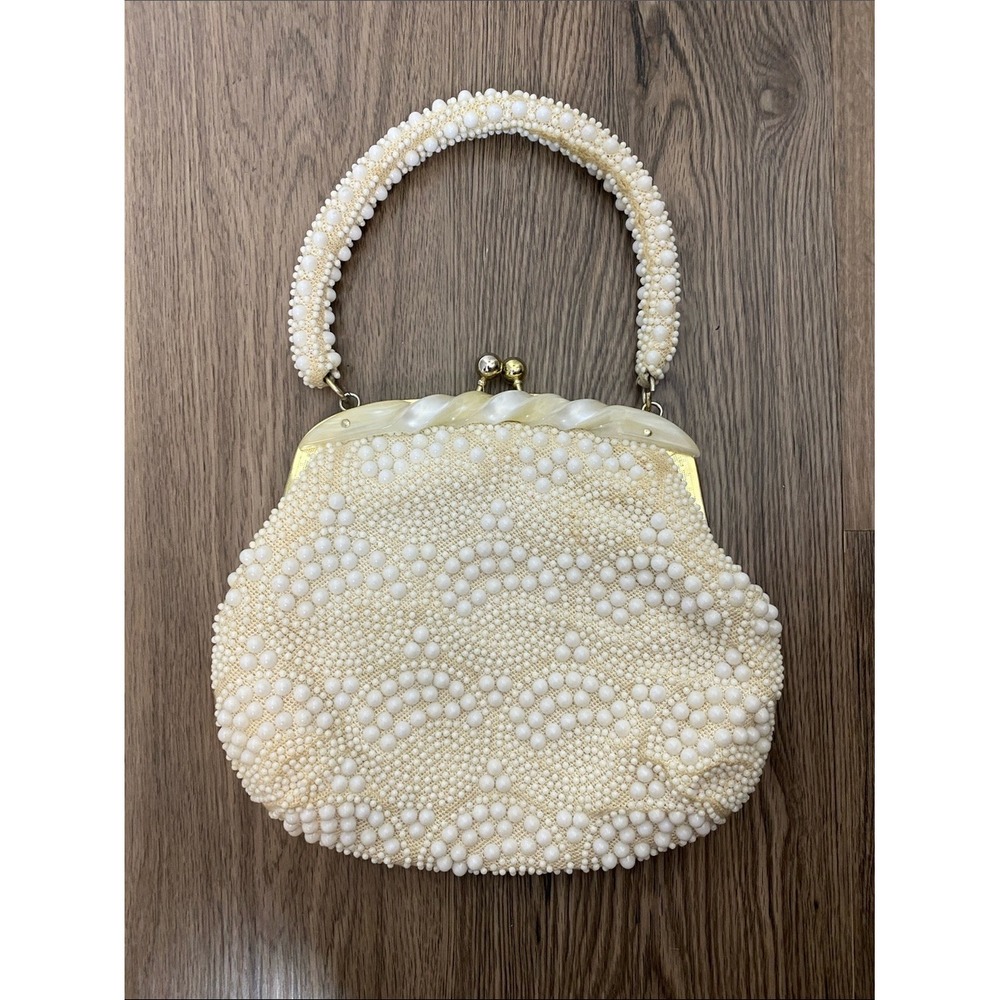 Vintage 1960s Ivory Beaded Bridal Evening Purse Likely Lucite Hong Kong - Picture 2 of 16